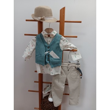 Guy Laroshe Σετ βάπτισης Σκούρα μέντα με μοτίβα και μπεζ παντελόνι